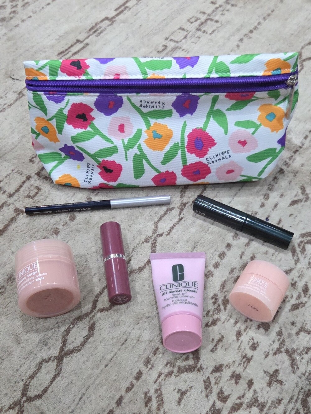 Clinique Donald Wild Floral Makeup Pouch with Skincare & Lip Set New